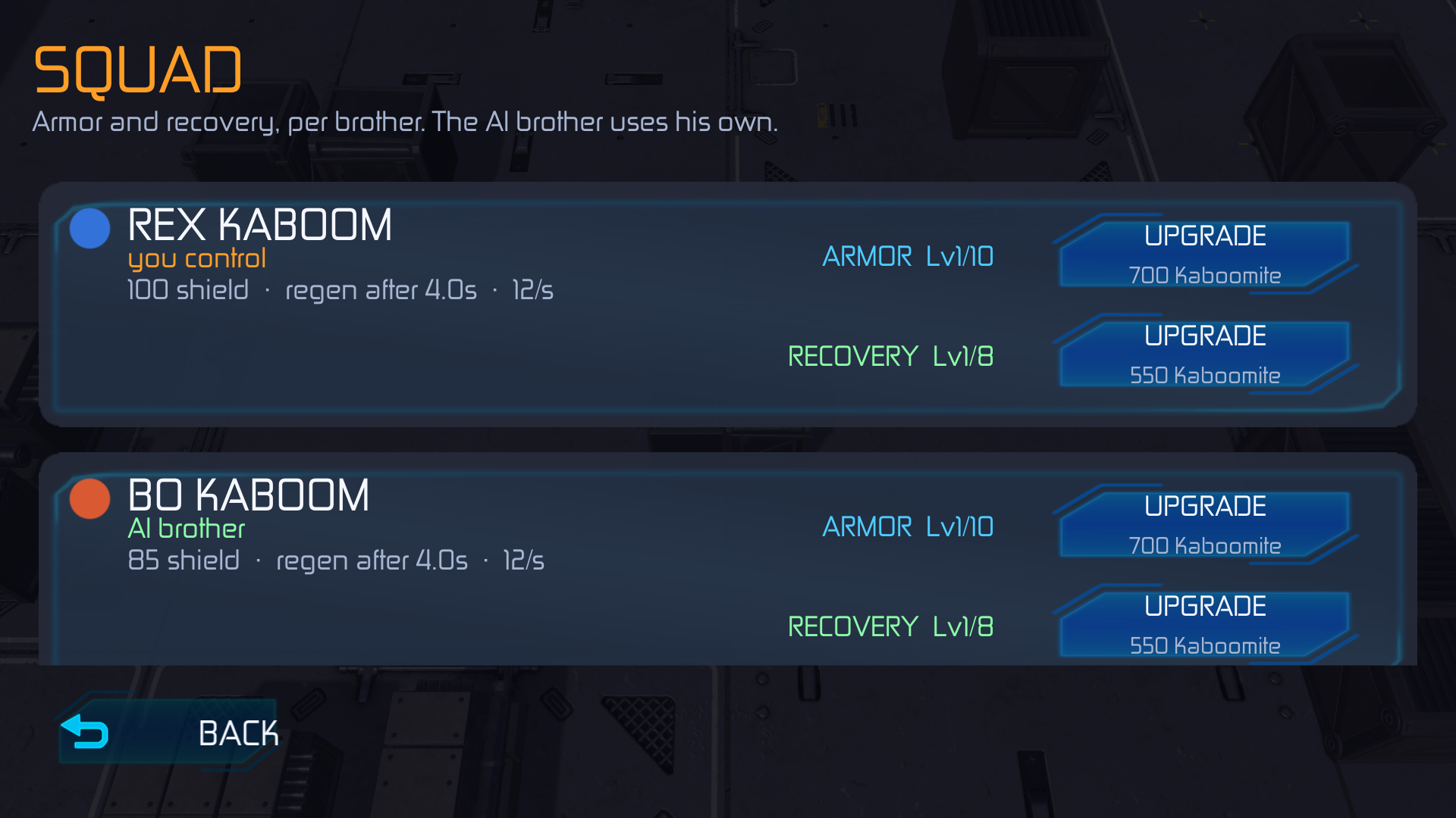 Squad armor and recovery upgrades